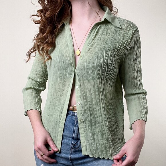 Vintage Pleated Crinkle Texture Oversized Button Up Relaxed Fit Blouse Shirt Top - Picture 1 of 7